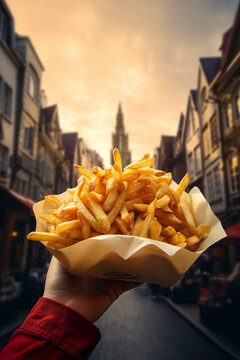 Generative AI illustration of hand holding a bag of delicious French fries