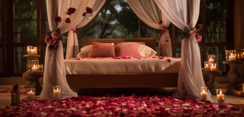 A romantic setting featuring a bed covered in a symmetrical arrangement of rose petals.