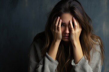 Emotional Turmoil Young Woman with Long Hair Covering Her Face in Distress, Conveying a Powerful Depiction of Depression, Loneliness, and Overwhelming Emotion. created with Generative AI