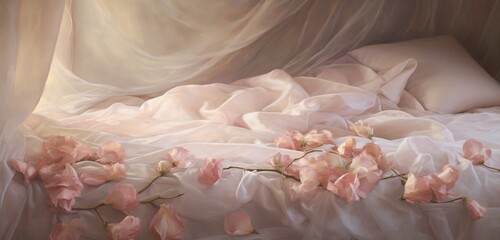 A serene scene featuring a bed enveloped in soft, pastel-hued rose petals.