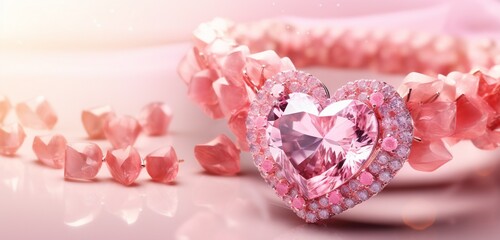 A stunning red heart-shaped gemstone set amidst delicate pastel pink ribbons, creating a romantic and luxurious setting.