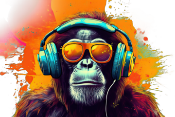 urban trendy hip cool funky retro groovy hallucinogen vibrant electronic club party dance entertainment dj music sunglasses earphones colourful acid Pop colorful ape wearing Headphones sunglasse