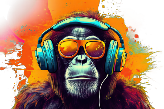 urban trendy hip cool funky retro groovy hallucinogen vibrant electronic club party dance entertainment dj music sunglasses earphones colourful acid Pop colorful ape wearing Headphones sunglasse - Powered by Adobe