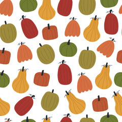Cute hand drawn pumpkins, seamless pattern on white background. Cozy autumn background. Simple naive art style.