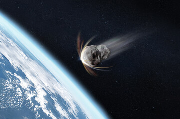 Planet Earth and big asteroid in outer space. Meteorite in outer space near Earth planet. Elements of this image furnished by NASA. - obrazy, fototapety, plakaty