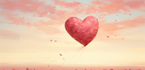 A vibrant red heart-shaped kite flying gracefully against a soft pastel pink sky, symbolizing love soaring to new heights.