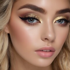 Beauty shot of a model's eyes with perfectly applied eyeshadow, mascara, and eyeliner, emphasizing the product's ability to enhance eye makeup