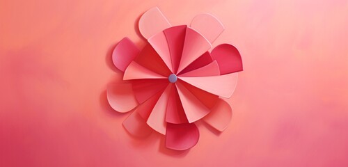 A vibrant red heart-shaped pinwheel spinning gently on a pastel pink background, radiating whimsy and romance.