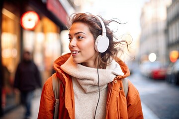 jeune fille se promenant dans la rue en écoutant de la musique avec un casque audio