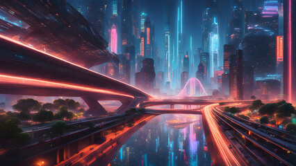 Fototapeta premium futuristic city with advanced structures and neon-colored roads; night view, lights reflected in the river surface of a large metropolis