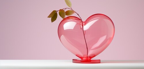 An exquisite red heart-shaped glass sculpture resting gracefully on a pastel pink pedestal, exuding elegance and romance.