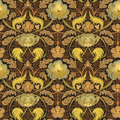 Seamless pattern, ornament with leotard and cinquefoil, flowers and leaves on a brown background in Morris style. Small format. Digital illustration. Suitable for interior, wallpaper, fabrics, clothin