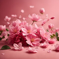 Pink Elegance: Exquisite Pink Flowers and Fluttering Petals on Soft Pink Background