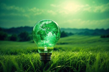 Light bulb adorned with a green world map, set against a shimmering green field backdrop. Eco-conscious future, nurturing solutions for environmental challenges. Fueled by alternative energy concepts - obrazy, fototapety, plakaty