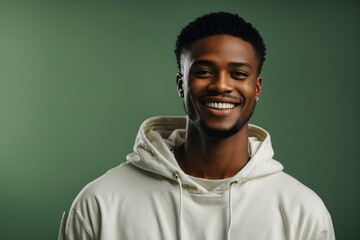 Fototapeta premium Young smiling african american man wearing blank white hoodie isolated on a green background
