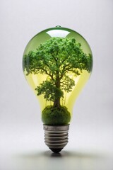 Eco light bulb with green tree inside on white background. Innovation idea. Technology and nature inspiration. Alternative energy glowing