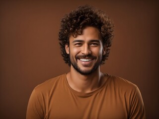 Brown Bliss: Portrait of a Cheerful Man with Curly Charm On Brown Background