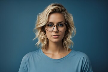 Obraz premium Chic Elegance: Attractive Blond Woman in Blue T-Shirt and Glasses Isolated on Blue Background