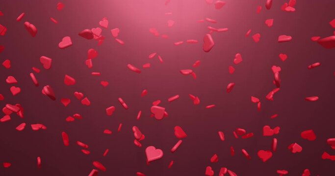 Red background for Valentine's Day. Falling pulsating red hearts in a red haze. Seamless looping animation.