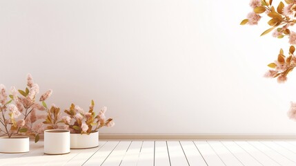 Empty white rectangle poster mockup with spring flowering tree branch with white flowers on pastel beige background. Flat lay, top view minimal pedestal for beauty, cosmetic product presentation