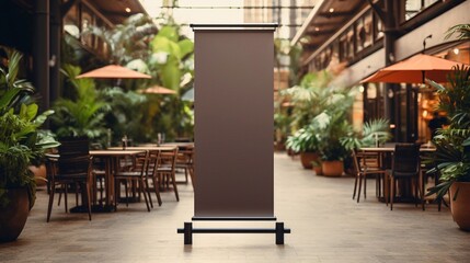 Fototapeta na wymiar rollup mockup poster stand in an shopping center restaurant mall environment as poster stand banner design with blank empty copy space area