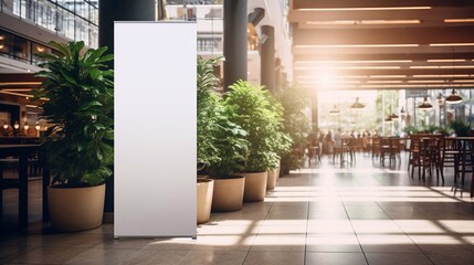 rollup mockup poster stand in an shopping center restaurant mall environment as poster stand banner design with blank empty copy space area