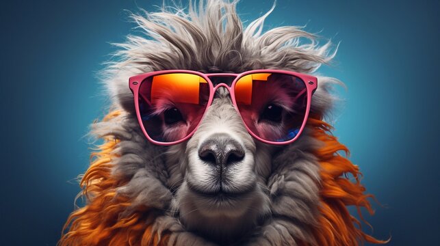 Funny sheep wearing sunglasses. Fashion portrait of an animal posing with a charismatic human attitude Isolated on dark background