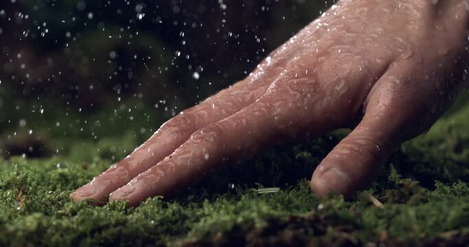 Extreme slow motion macro of young male hand caressing gently wet moss under rain drops in natural habitat of forest. Connection to nature and protection of environment.
