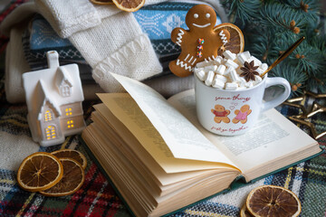 A cup of hot, aromatic cocoa with marshmallows, a calendar for 2024, a New Year's mood.