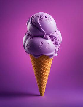 Purple ice cream with cone on a smooth gradient purple background - Generative AI	