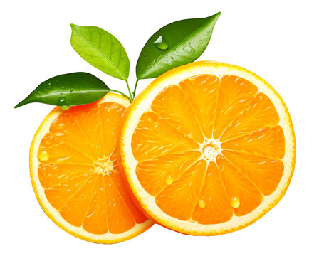 orange slices with leaves isolated on a transparent background