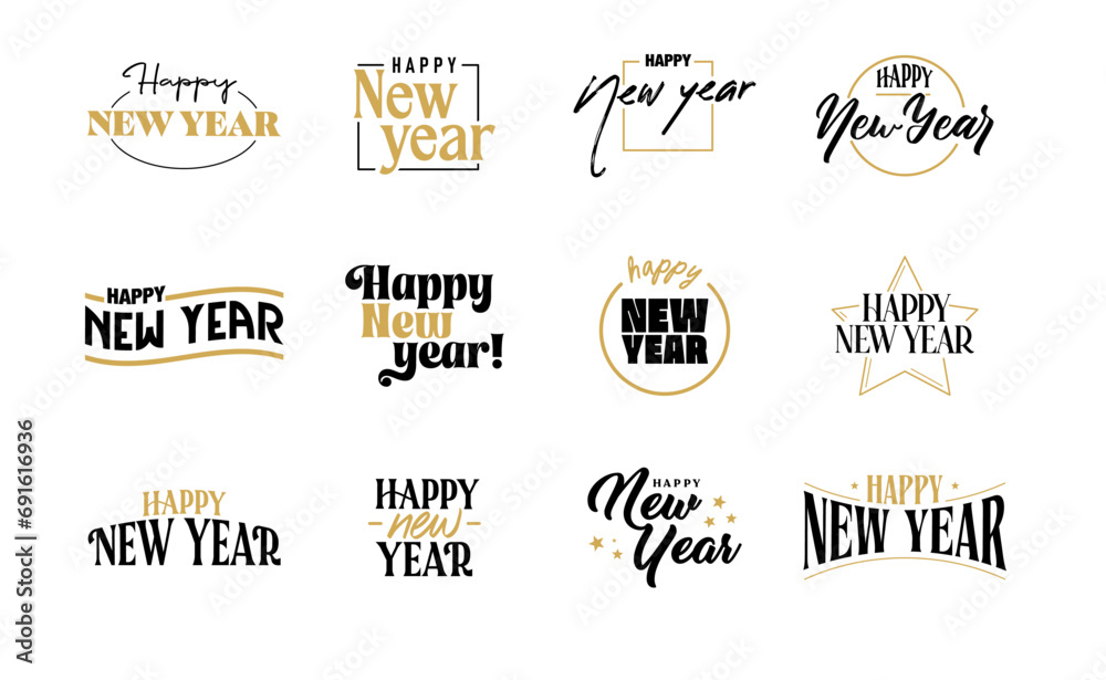Wall mural Happy New Year. Hand drawn lettering isolated on white background. - Wall murals