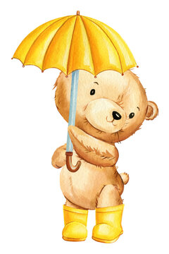Teddy bear in yellow boots with umbrella on isolated white background. Watercolor illustration, cute baby bear, clipart