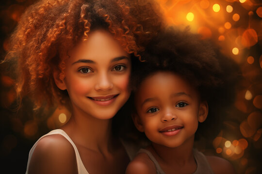 Photorealistic portrait of a happy young afro woman with a child with charming smiles, lush afro hairstyles, gorgeous skin, and white tank tops against a background of blurred lights in warm tones.