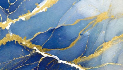 Watercolor background drawn by brush. Blue paints spilled on paper. Golden shiny veins 