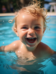 Fototapeta na wymiar A Photo Of A Child's First Time Swimming Without Floaties In A Pool