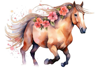 motion card neck mare mane wildlife symbol hand design graphic fast beautiful farm nature vignetting cute pet drawing art animal brown horse flowering mane Flowers horse Watercolor illustration