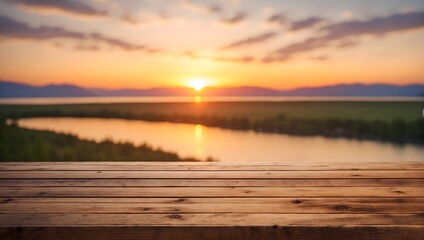 Fototapeta na wymiar empty wooden table and blurred romantic sunset