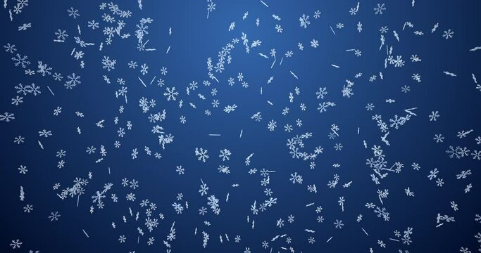 Slowly swirling white snowflakes on blue background, zooming. 3D models of snowflakes.