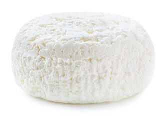 Fototapeta na wymiar Cottage cheese isolated on white background closeup. Fresh grainy cottage cheese or feta close ur