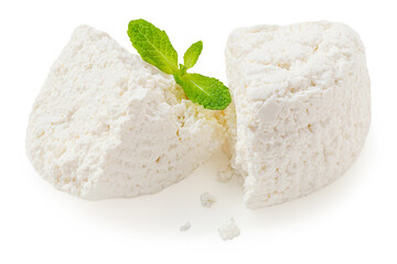 Cottage cheese isolated on white background closeup. Fresh grainy cottage cheese or feta with mint leaf close up