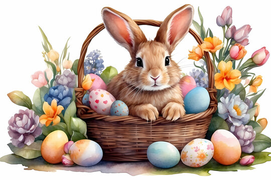 Bunny in a basket with Easter eggs and flowers. Watercolor greeting card for Easter
