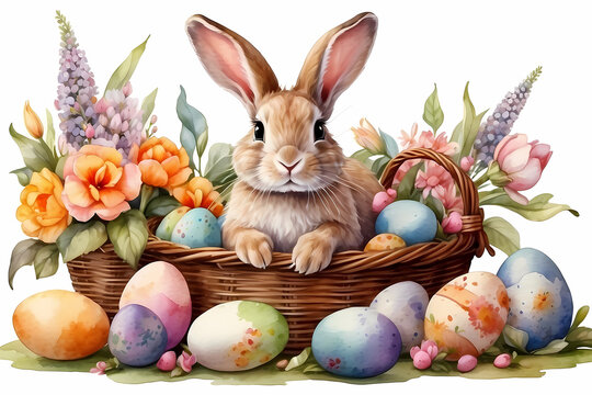 Bunny in a basket with Easter eggs and flowers. Watercolor greeting card for Easter
