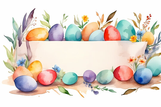 Frame with watercolor Easter eggs. Greeting card template with place for text