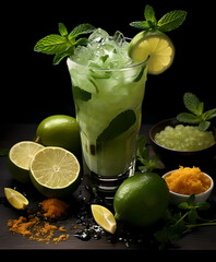 Iced drink with citrus fruits lemon orange alcoholic cocktail martini vodka margerita run tropical fruit juice. Mahito on a black background, ingredients