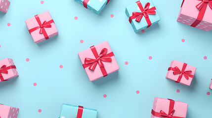 Many small red pink gift boxes on pastel blue background. Generated AI