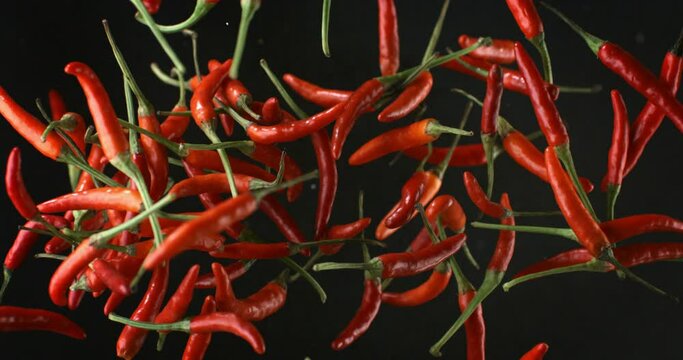 Super slow motion macro of fresh bio organic red hot spicy chili peppers are flying at 1000 fps isolated on dark background.