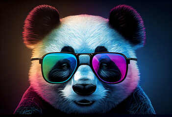 Baby Panda Looking Adorably in Front. Cool panda with glasses, illustration for social networks or magazine, close-up picture of a panda. A lot of colors
