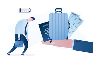 Burnout, emotional stress. Businessman with empty battery. Office worker with low energy. Boss offers tired man employee vacation. Giant hand give suitcase,