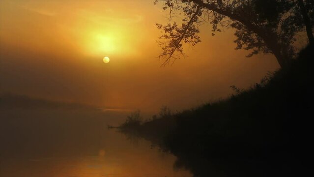 Landscape with sunrise cky over river at summer, timelapse
